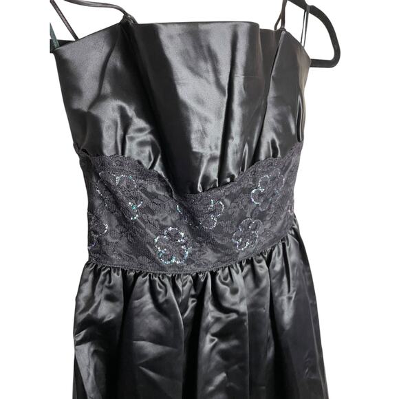 80s Y2K Jessica McClintock Gunne Sax All Black Satin Dress Floral Lace Size 9 - Picture 2 of 3